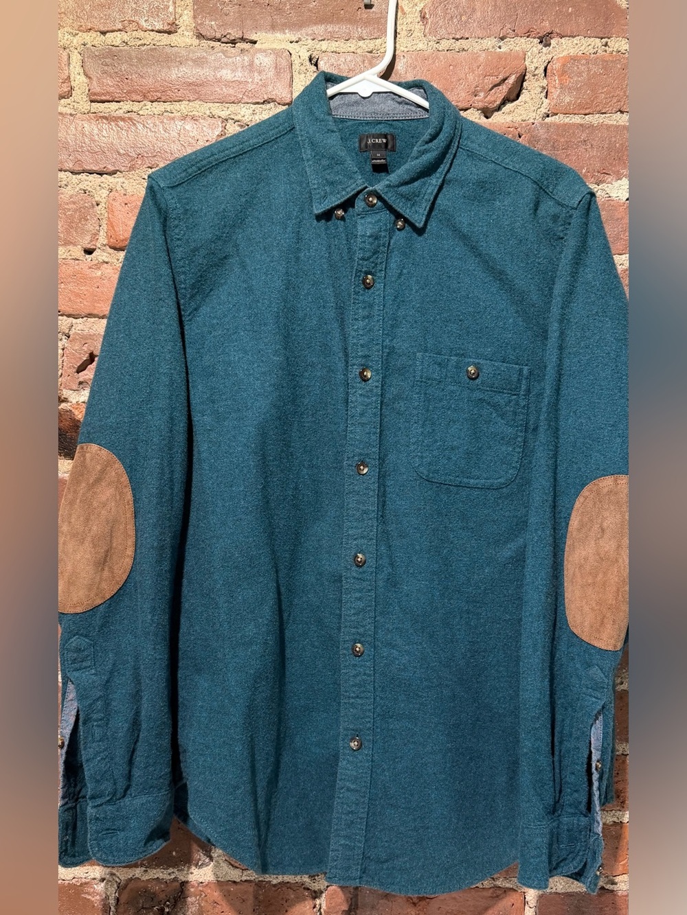 Men's J. Crew - Teal - Wool Blend Button-Up Shirt - Leather Elbow Patches